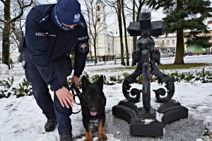 Policyjny pies służbowy w plenerze ze swoim przewodnikiem